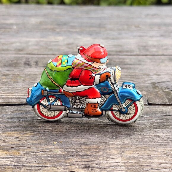 Hallmark Lot Tin Toy Ornaments Wreath of Evergreens Merry Motorcycle Stocking - Picture 5 of 12